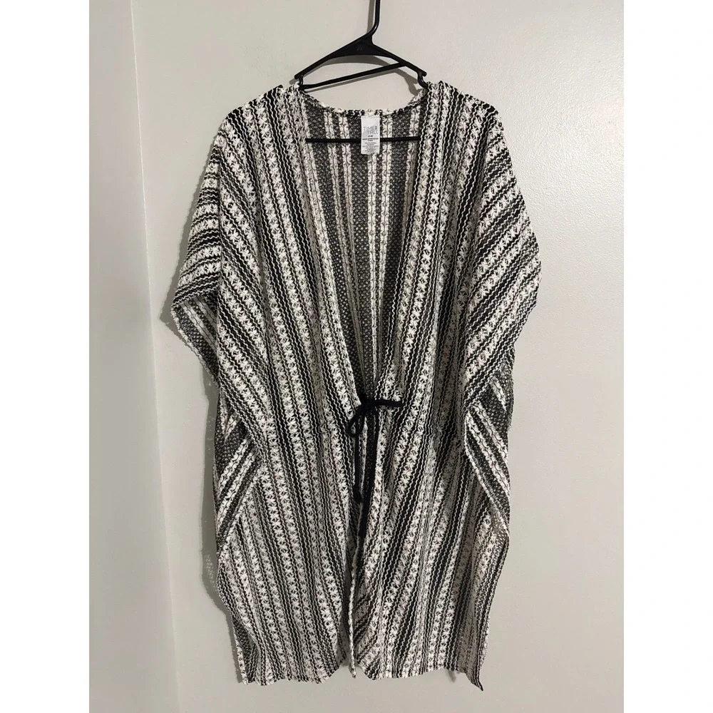 Time and Tru Womens Black White Striped Open Knit Kimono Wrap Cover Up S/M